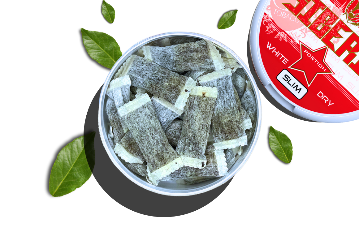 Offene Siberia White Dry Slim Dose umringt von Tabakblättern