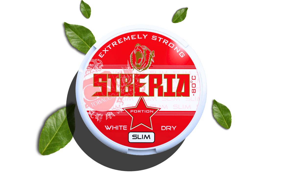 Siberia White Dry Slim Dose umringt von Tabakblättern