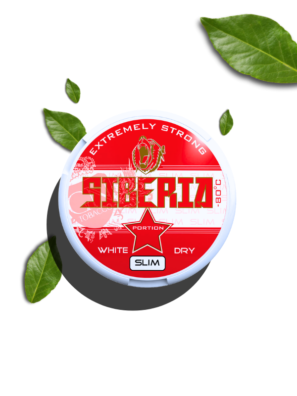 Siberia White Dry Slim Dose umringt von Tabakblättern