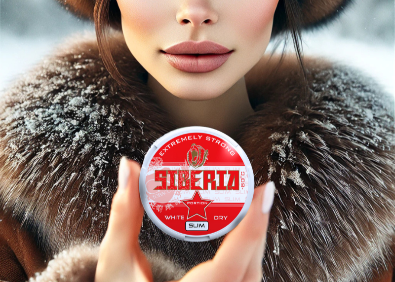 Woman holding a Siberia White Dry Slim Snus Can