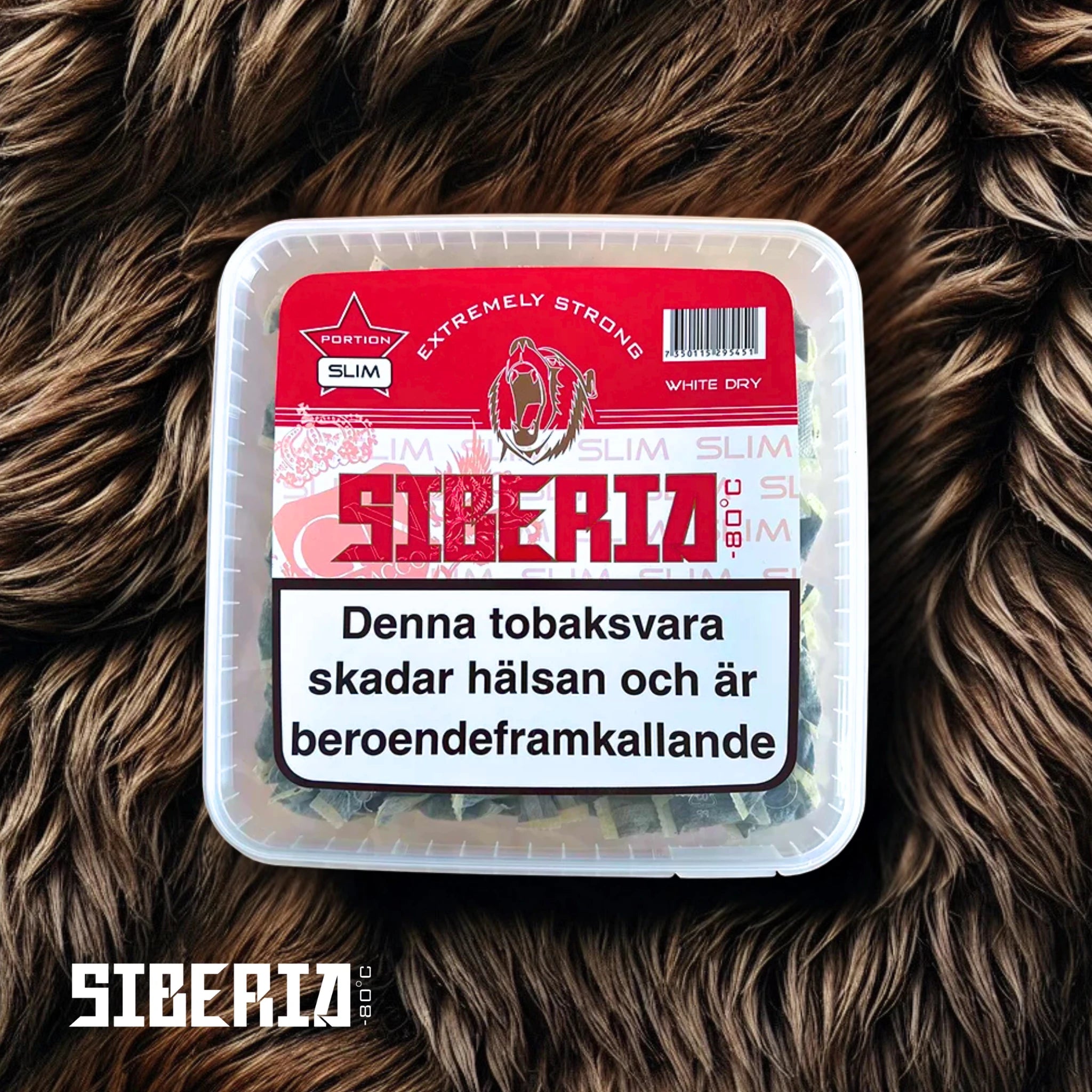 Siberia White Dry Slim 500g Box stehend auf Bärenfell