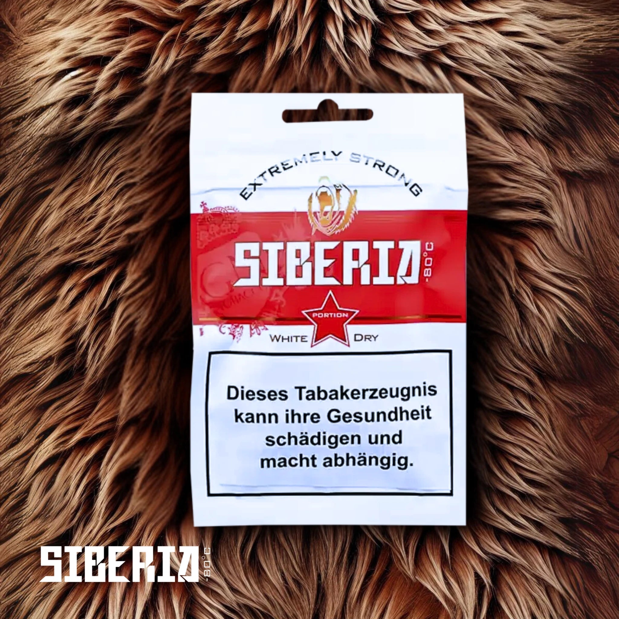 Siberia White Dry Soft Pack liegend auf Bärenfell