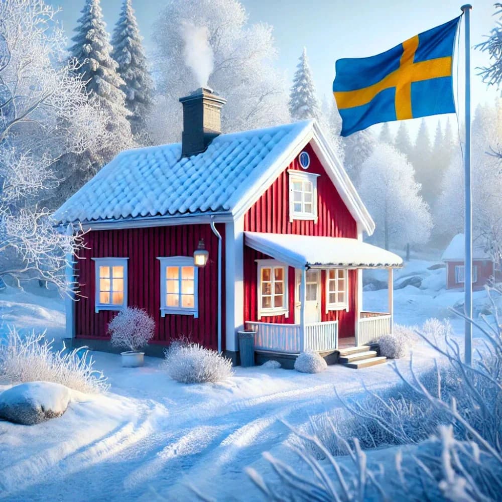 Schwedisches Haus im Schnee mit schwedischer Flagge