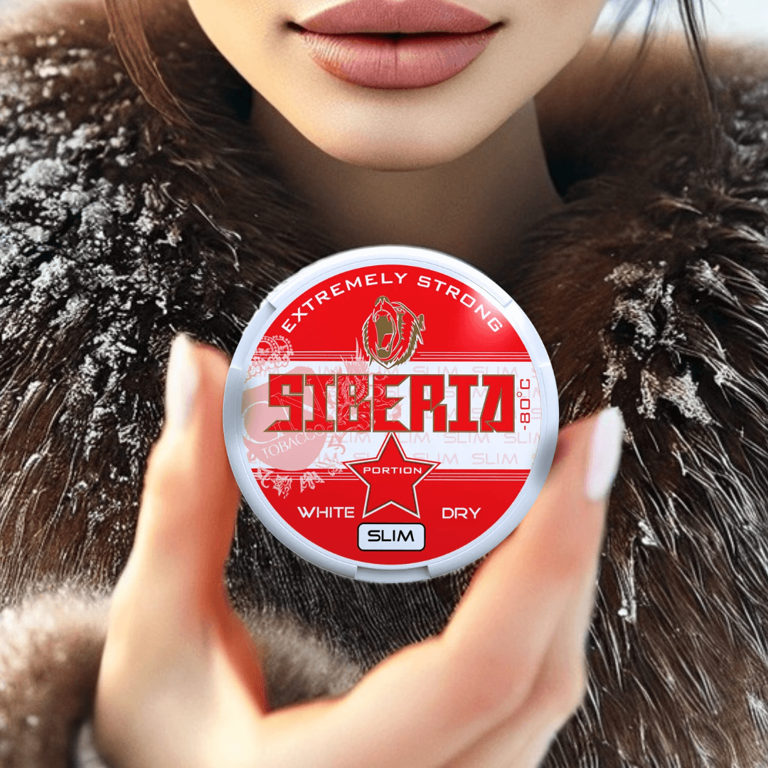 Woman holding a Siberia White Dry Slim Snus Can