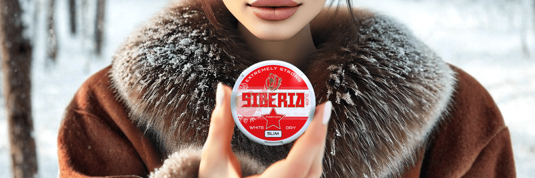 Woman holding a Siberia White Dry Slim Snus Can